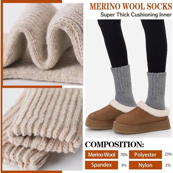 Merino Wool Boot Socks Thermal Winter Warm Thick Cozy Hiking Socks for Men Women - Picture 2 of 6
